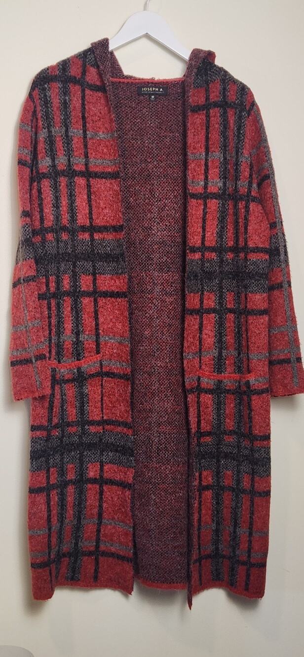 Joseph A. Hooded Sweater/Coat, Red Plaid w/pockets Size M